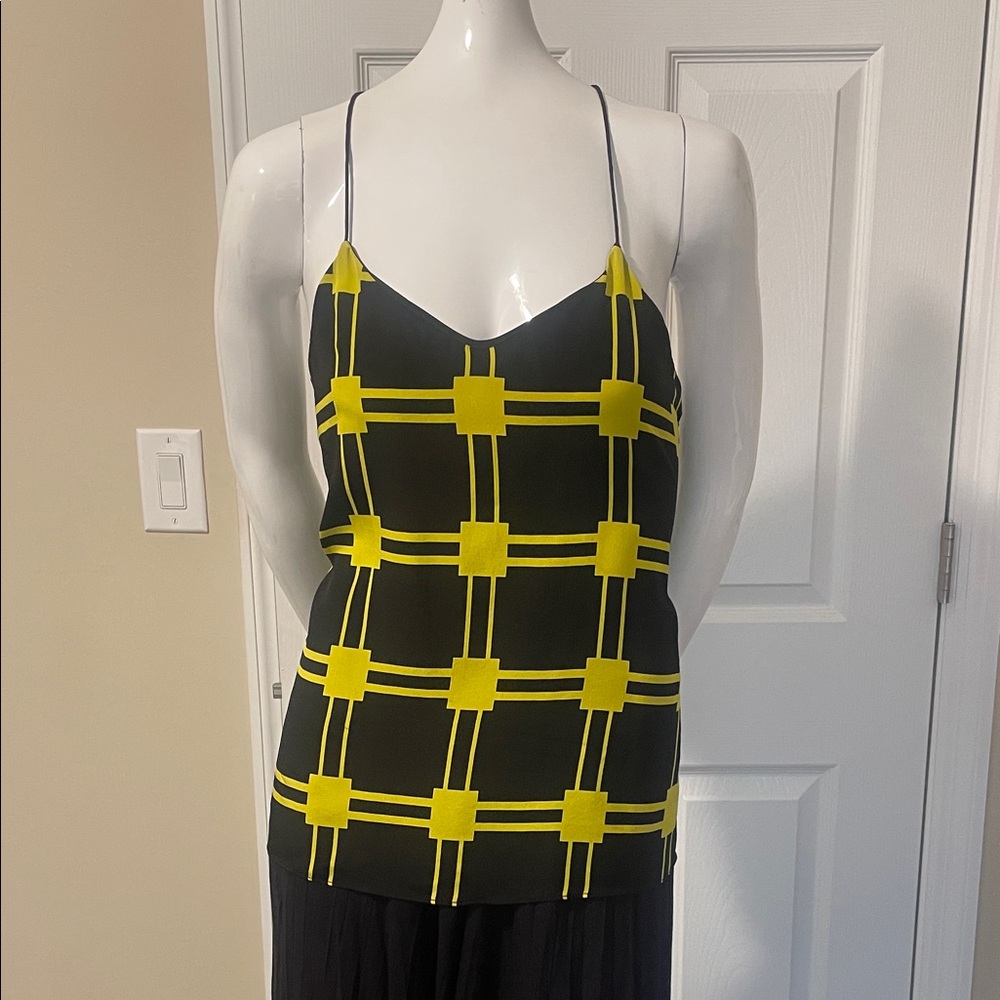 TIBI SILK RACERBACK CAMISOLE TOP Black Satin Yellow Geometric Print size 2 NWOT